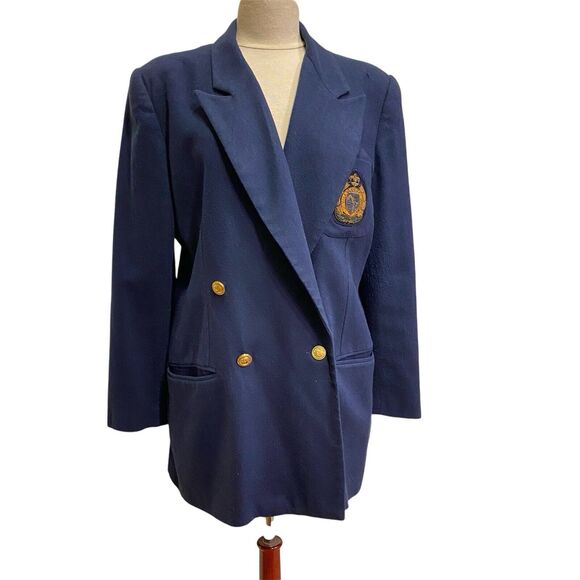 EXPRESS Blazer Vtg 80s Navy Blue Double Breasted Gold Insignia Crest Jacket L - Picture 1 of 10